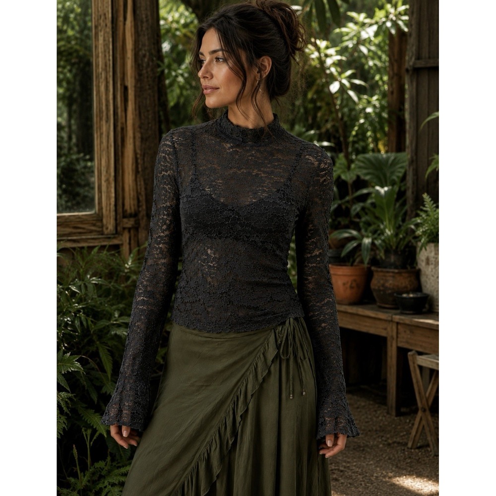 Black Sheer Lace Romantic Gothic Long Sleeve Mock Neck Top 12 Witchy Whimsigoth
